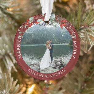 Merry Married Greenery Watercolor Photo Burgundy Ornament