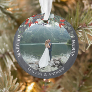 Merry Married Greenery Watercolor Photo Chalkboard Ornament