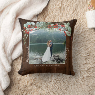 Merry Married Greenery Watercolor Photo Dark Wood Cushion