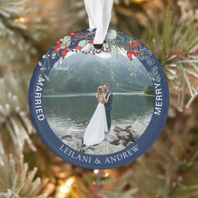 Merry Married Greenery Watercolor Photo Navy Blue Ornament (Tree)