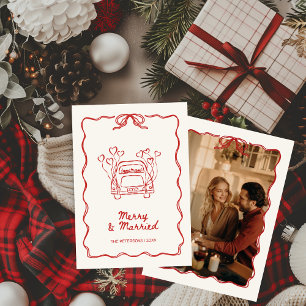 Merry & Married Hand-drawn Red Photo Christmas  Holiday Card