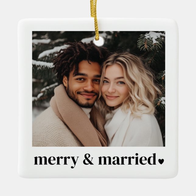 Merry & Married Heart Photo Ceramic Ornament (Front)