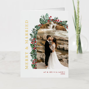 Merry & Married Holly & Berries Arch Photo Folded Foil Holiday Card