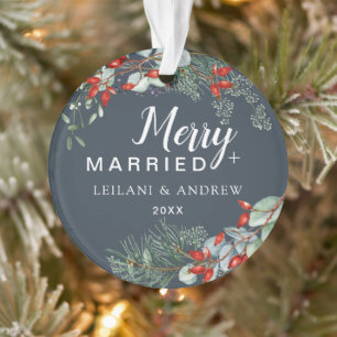 Merry Married Holly Greenery Christmas Grey Ornament