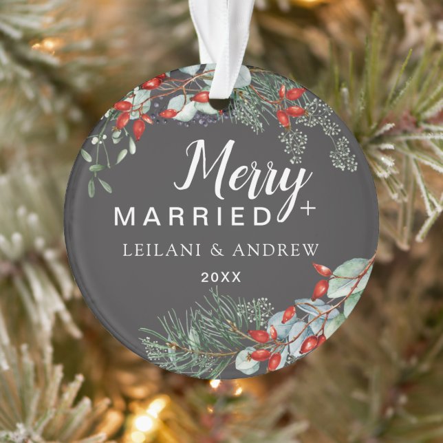 Merry Married Holly Greenery Christmas Grey Ornament (Tree)