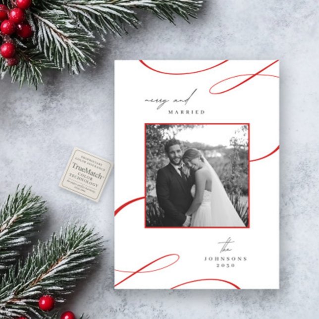 Merry & Married Minimalist Red Black White Photo Holiday Card (Creator Uploaded)