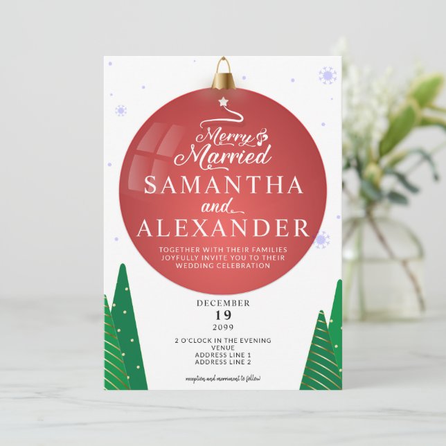 Merry & Married Modern Christmas Star Tree Wedding Invitation (Standing Front)