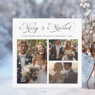 Merry & Married Modern Elegant Script 3 Photo      Holiday Card
