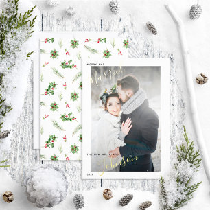 Merry & Married Modern Holly Berry Wedding Photo Foil Holiday Card