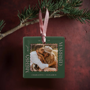 Merry & Married Modern Minimal Wavy Photo Keepsake Ceramic Ornament