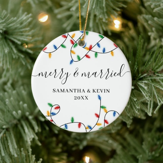 Merry & Married Mr Mrs Couple Names Xmas Lights Ceramic Ornament (Tree)