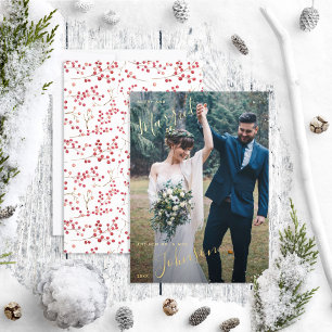 Merry & Married Natural Red Berry Wedding Photo Foil Holiday Card