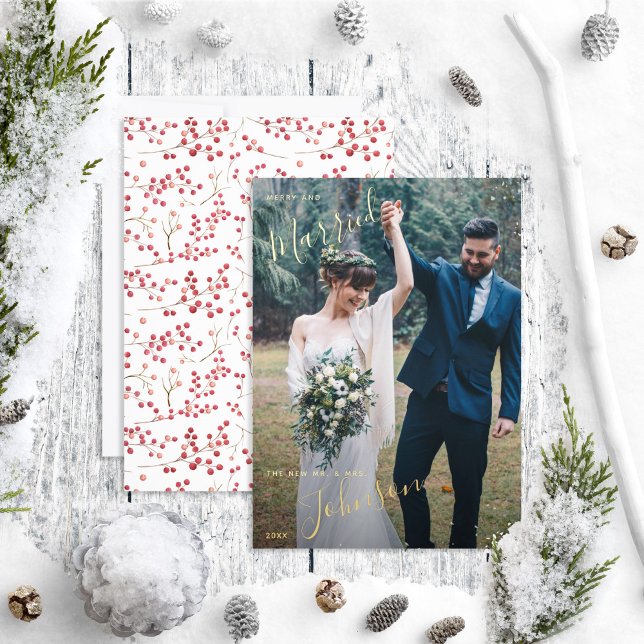 Merry & Married Natural Red Berry Wedding Photo Foil Holiday Card (Creator Uploaded)