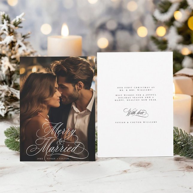 Merry & Married Newly Weds First Christmas Photo Holiday Card (Front & Back)