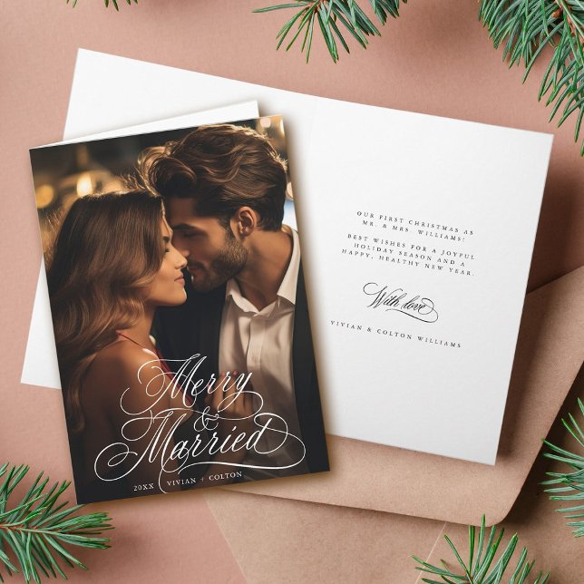 Merry & Married Newly Weds First Christmas Photo  Holiday Card (Front & Inside)