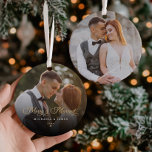 Merry & Married Newlywed Photo Ceramic Ornament<br><div class="desc">This personalised “Merry & Married” photo ornament is a romantic way for newlyweds to celebrate their first Christmas together as a married couple. This elegant double-sided ornament design features the phrase “Merry & Married” in flowing gold script, paired with the couple’s names and customisable year beneath over a photo for...</div>