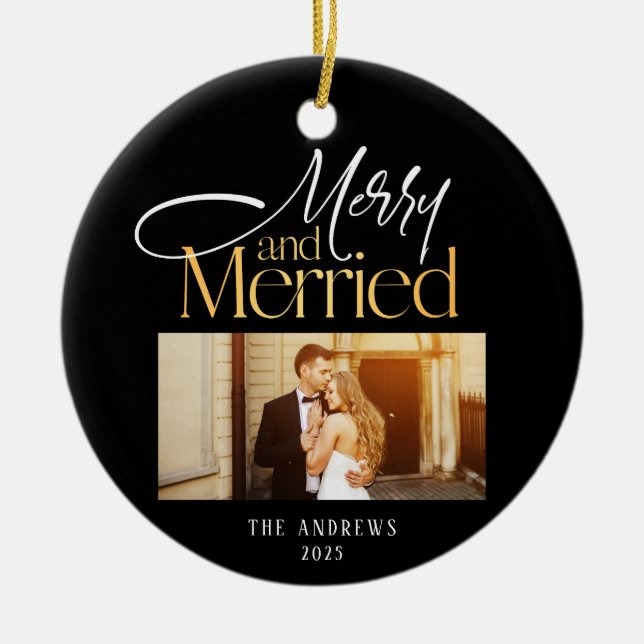 Merry & Married Newlyweds Photo Christmas  Ceramic Ornament (Front)
