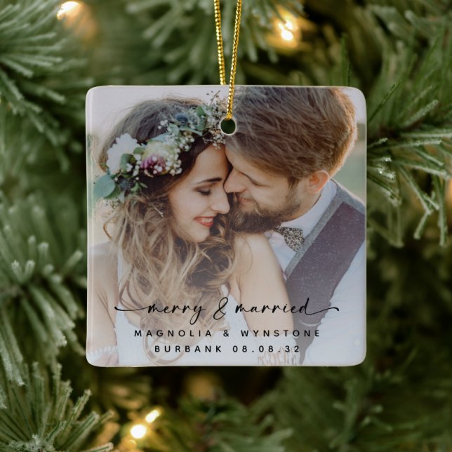 Merry & Married Newlyweds Photo Keepsake Ceramic Ornament (Tree)