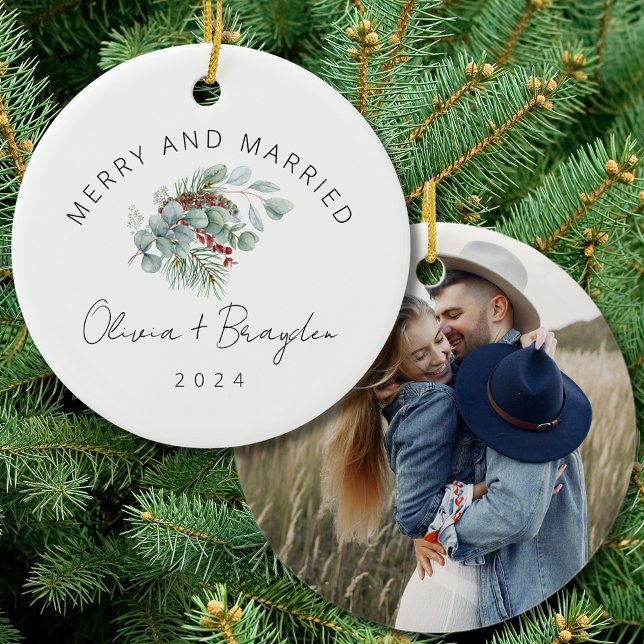 Merry & Married Our First Christmas Photo Ceramic Ornament (Creator Uploaded)