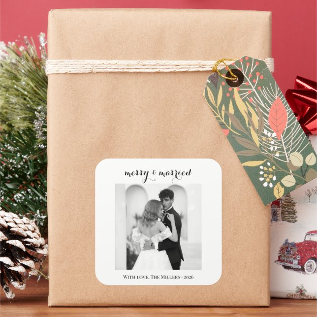 Merry & Married - Personalised Newlywed Christmas  Square Sticker (Holiday)
