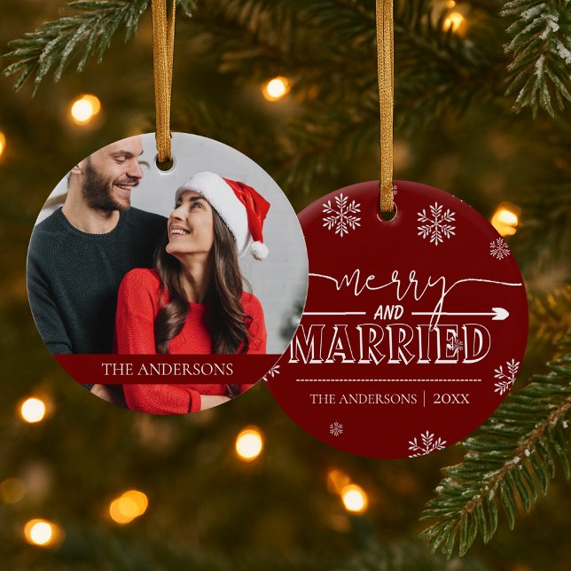 Merry & Married Personalised Photo Christmas Photo Ceramic Ornament (Merry & Married Personalized Photo Christmas Photo Ceramic Ornament)