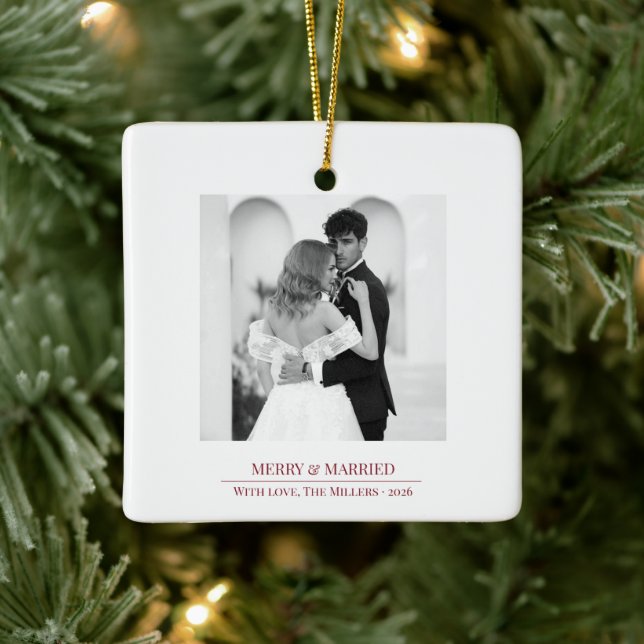 Merry & Married - Personalized Newlywed Christmas  Ceramic Ornament (Tree)