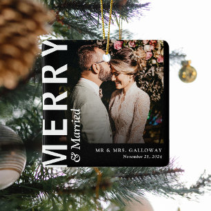 Merry & Married Photo Christmas Modern Ceramic Ornament