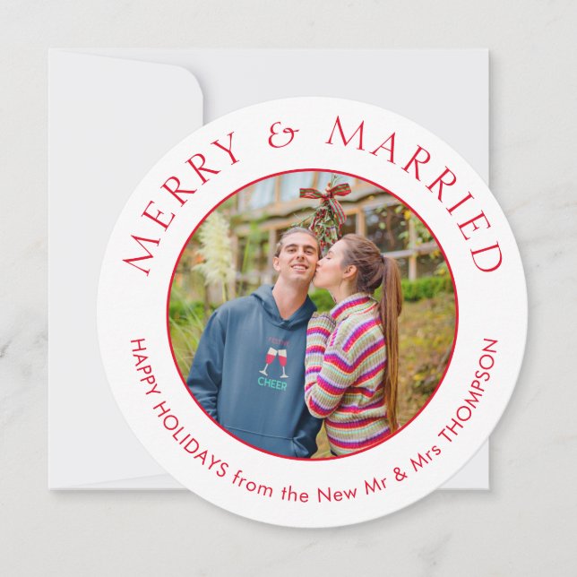Merry Married Photo Circular Christmas White Holiday Card (Front)