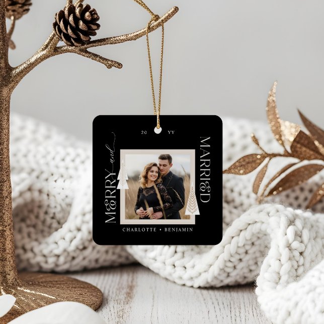 Merry & Married Photo Elegant Christmas Trees  Ceramic Ornament (Merry & Married Photo Elegant Christmas Trees Ceramic Ornament)