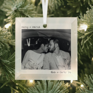 Merry Married Photo Handwriting Simple Christmas Glass Tree Decoration