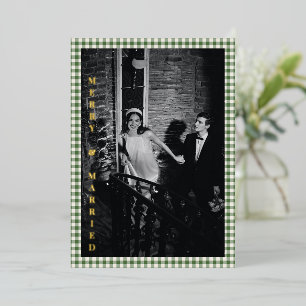 Merry Married Photo Wedding Green Gingham Gold Foil Holiday Card