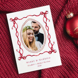 Merry Married Red Bow Newlyweds Christmas Photo Holiday Card