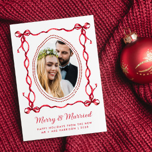 Merry Married Red Bow Newlyweds Christmas Photo Holiday Card