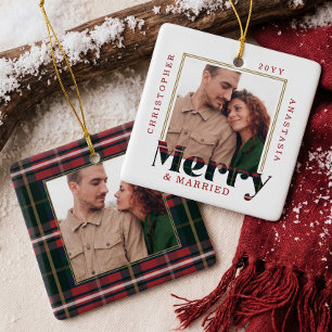 Merry & Married Red Green Plaid Photo Christmas Ceramic Ornament