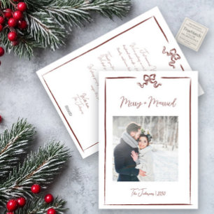 Merry & Married Red Hand-Drawn Bow Newlywed Holiday Card