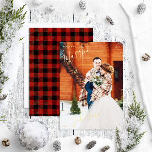 Merry & Married Red Plaid Winter Wedding Photo Foil Holiday Card