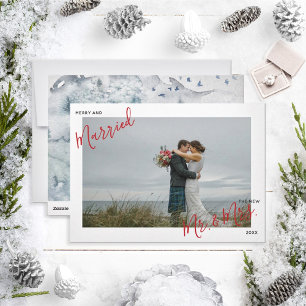 Merry & Married Red Script  Mr. & Mrs. Photo Xmas Holiday Card