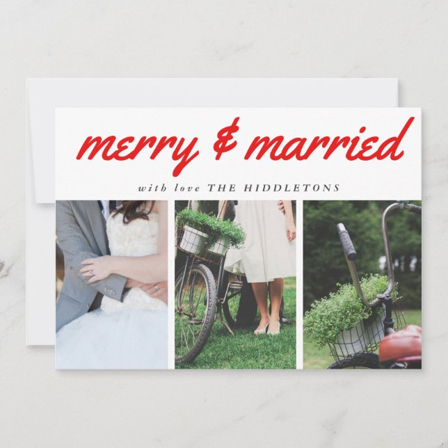 Merry & Married Red Typography Three Photo Holiday Card (Front)