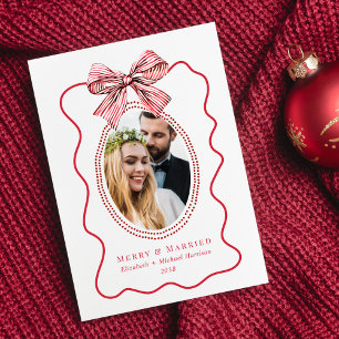 Merry Married Red Wavy Frame Bow Photo Christmas Holiday Card