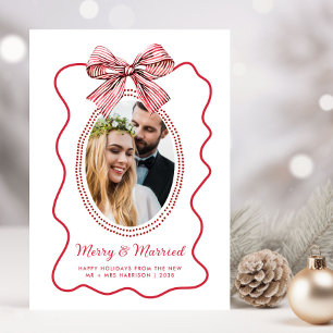 Merry Married Red Wavy Frame Bow Photo Christmas Holiday Card