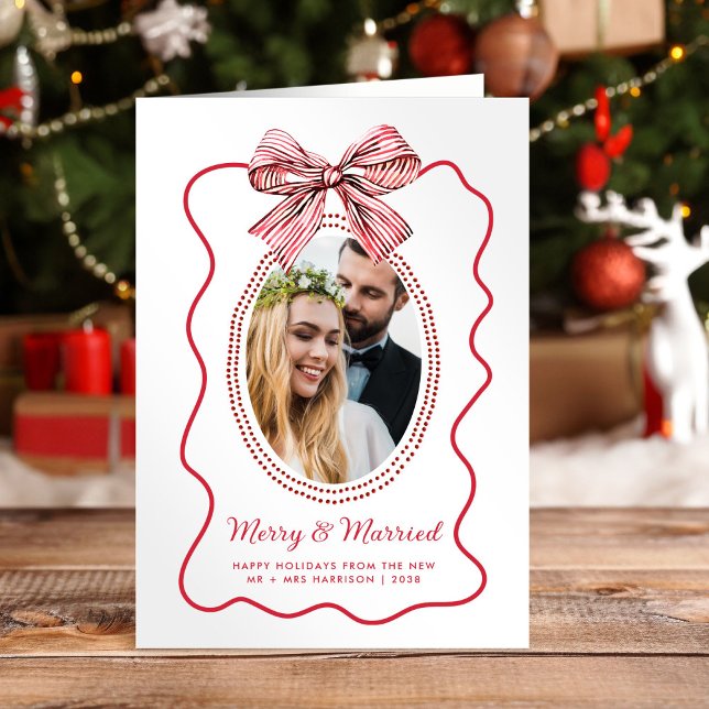 Merry Married Red Wavy Frame Bow Photo Christmas Holiday Card (Creator Uploaded)