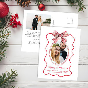 Merry Married Red Wavy Frame Bow Photo Christmas Holiday Postcard