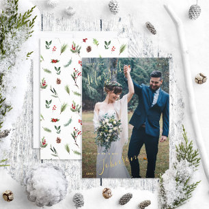 Merry & Married Red Winter Wedding Photo Foil Holiday Card