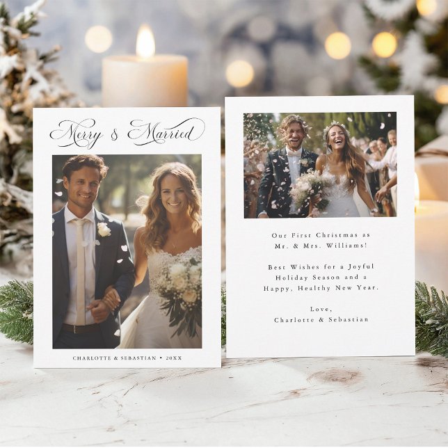 Merry & Married Romantic Script 2 Photo  Holiday Card (Front & Back)