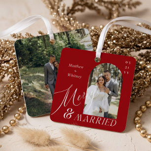 Merry & Married Script Modern Engagement Photo Metal Tree Decoration