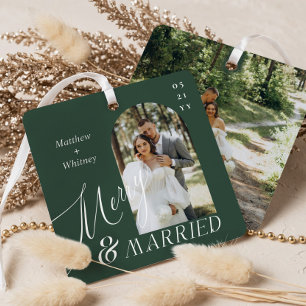 Merry & Married Script Modern Wedding Photo Metal Tree Decoration