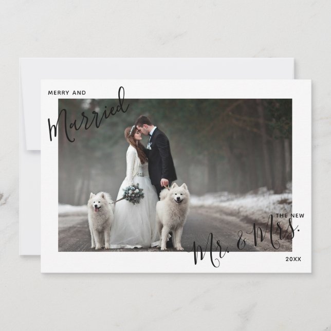 Merry & Married Script  Mr. & Mrs. Photo Christmas Holiday Card (Front)