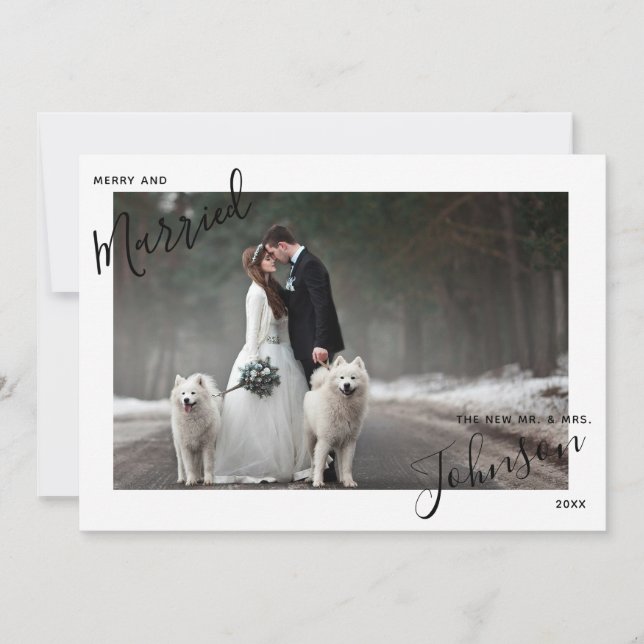 Merry & Married Script Name Photo Mr Mrs Christmas Holiday Card (Front)