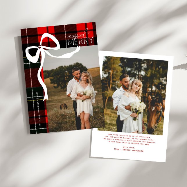 Merry & Married Script Photo Christmas Tartan Bow  Holiday Card (Creator Uploaded)