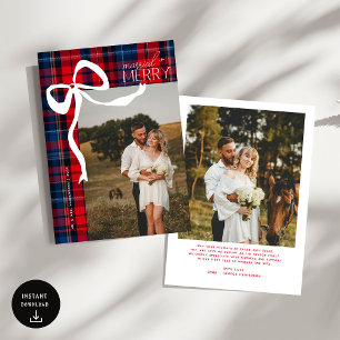 Merry & Married Script Photo Christmas Tartan Bow Holiday Card
